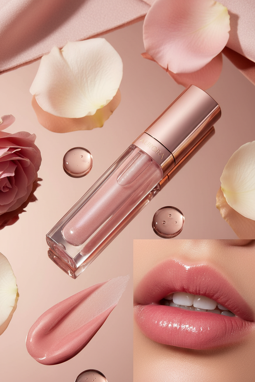 Tinted lip nourishing oil in a blush pink editorial setting with flower petals and gloss swatch, Pinterest vertical format